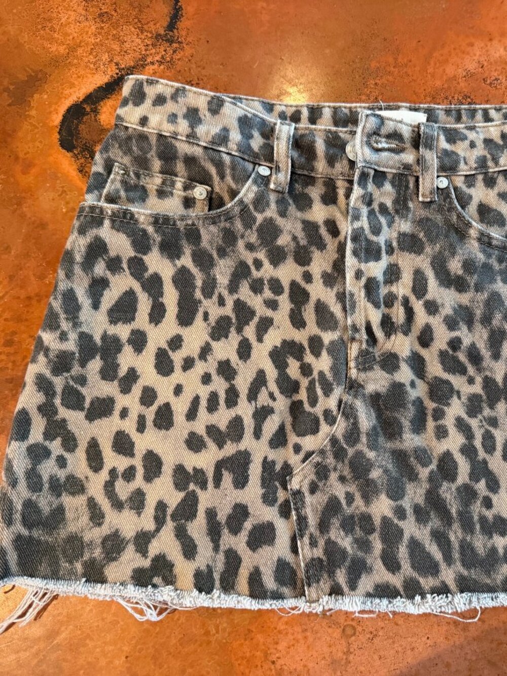 Leopard print denim skirt